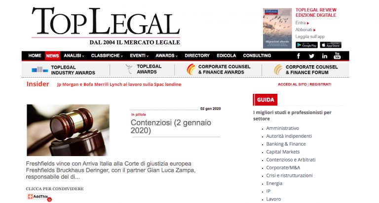 Top Legal: Contenziosi (2 gennaio 2020)