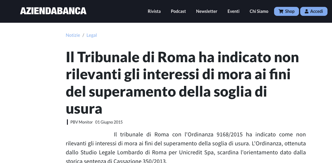 Interessi di mora non rilevanti per il superamento della soglia di usura