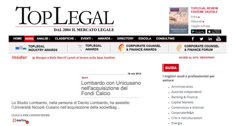 Unicusano acquista Fondi Calcio assistita da Studio legale Lombardo