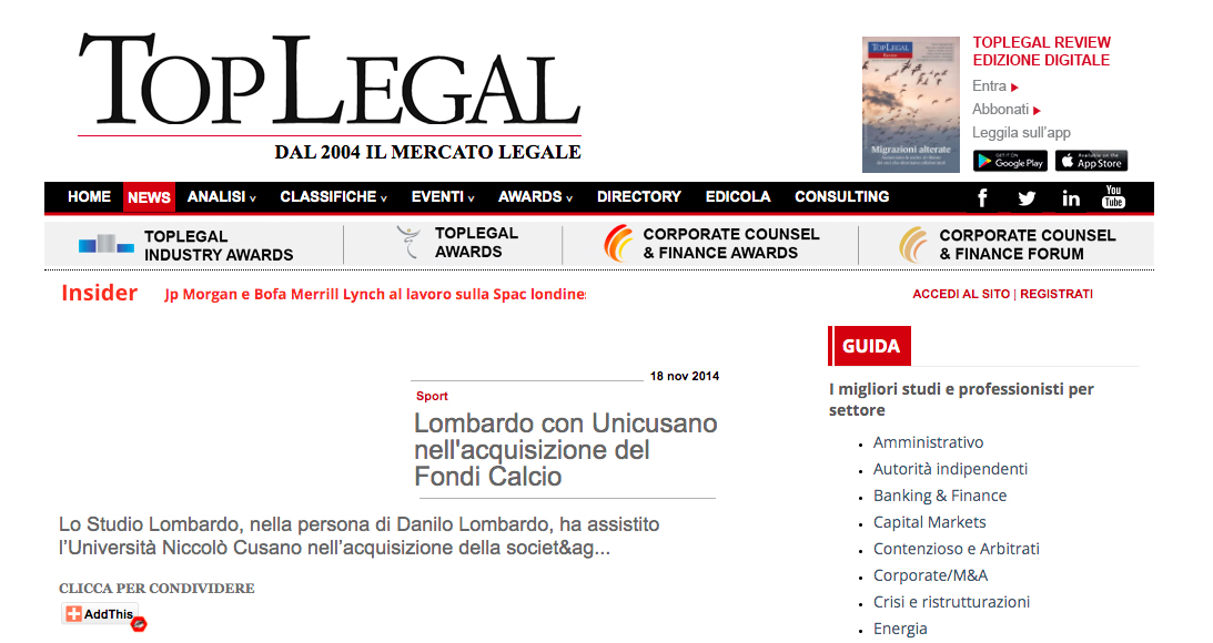 Unicusano acquista Fondi Calcio assistita da Studio legale Lombardo